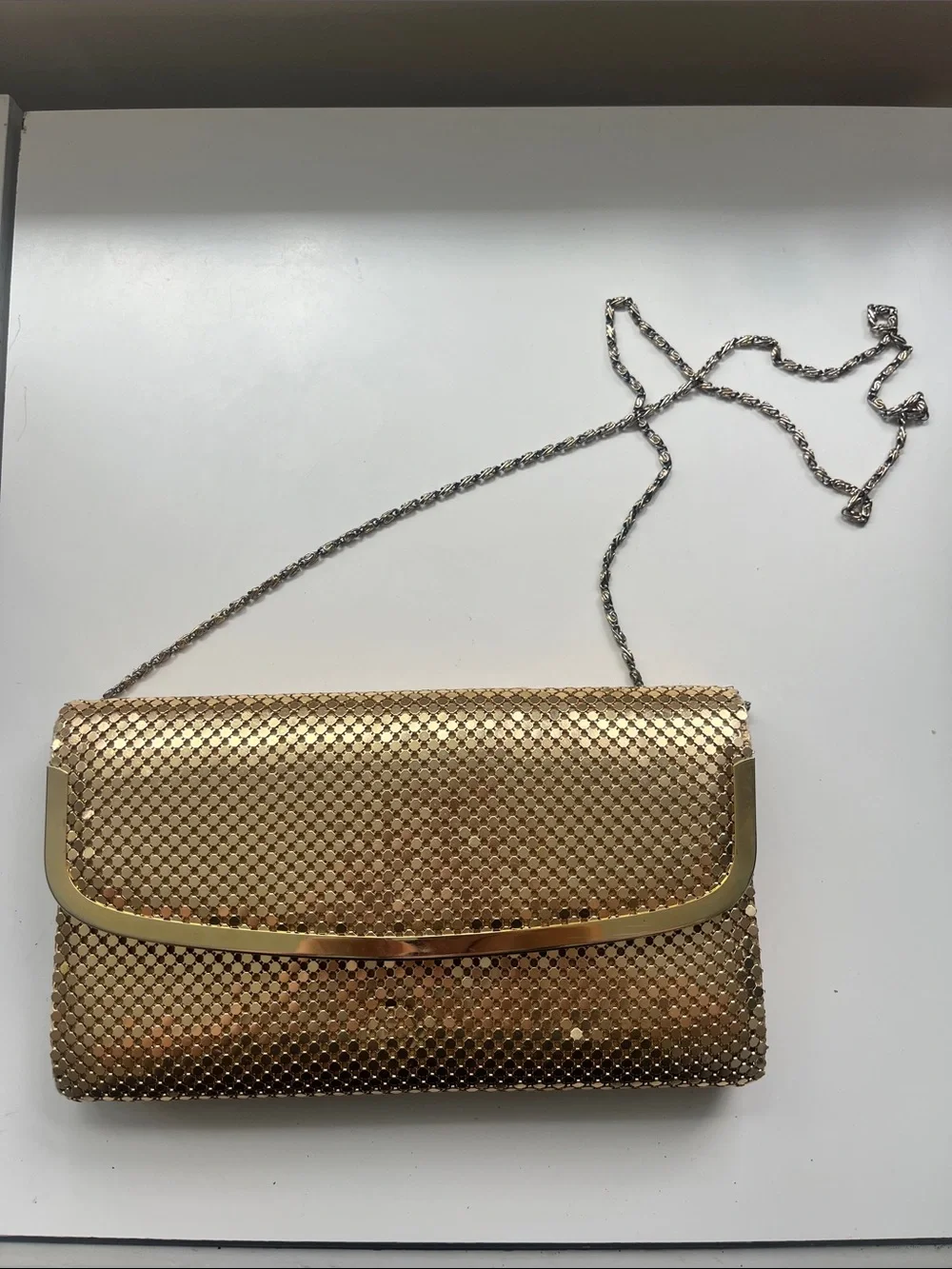 Vintage Gold Metallic Mesh Evening Clutch with Chain Crossbody Strap